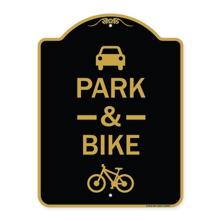 Signmission Park & Ride With Bicycle Graphic, Black & Gold Aluminum Architectural Sign, 18" x 24", BG-1824-23499 A-DES-BG-1824-23499